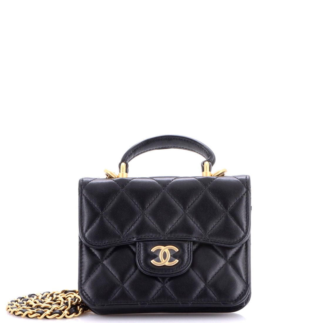 Chanel Top Handle Flap Coin Purse with Chain Quilted Lambskin: Chanel's top handle coin purse works small: 5 inches wide by 3.5 high and 1.5 deep, enough for cards, keys and a lipstick. The 1.5 in handle gives it a hand-carry read, while the 21.5 in chain drops i
