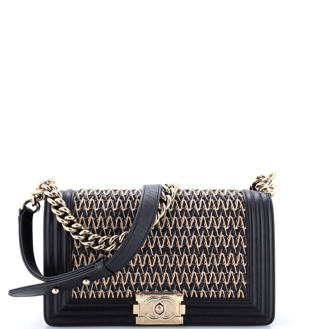 Chanel Boy Flap Bag Chevron Woven Raffia and Leather: Woven raffia is a lighter proposition than caviar or lambskin, and it runs in chevron across this flap with leather binding holding the edges square. At 10 by 6 by 3 inches the body is among the bigge