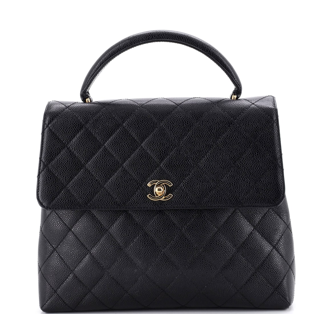 Chanel Vintage Classic Top Handle Flap Bag Quilted Caviar: Structure separates this from a soft flap: caviar quilting over an 11.5 x 9 x 5 in body that stands on its own. The handle drop is only 3 in, so it rides high in the hand, while the 19 in chain gives 