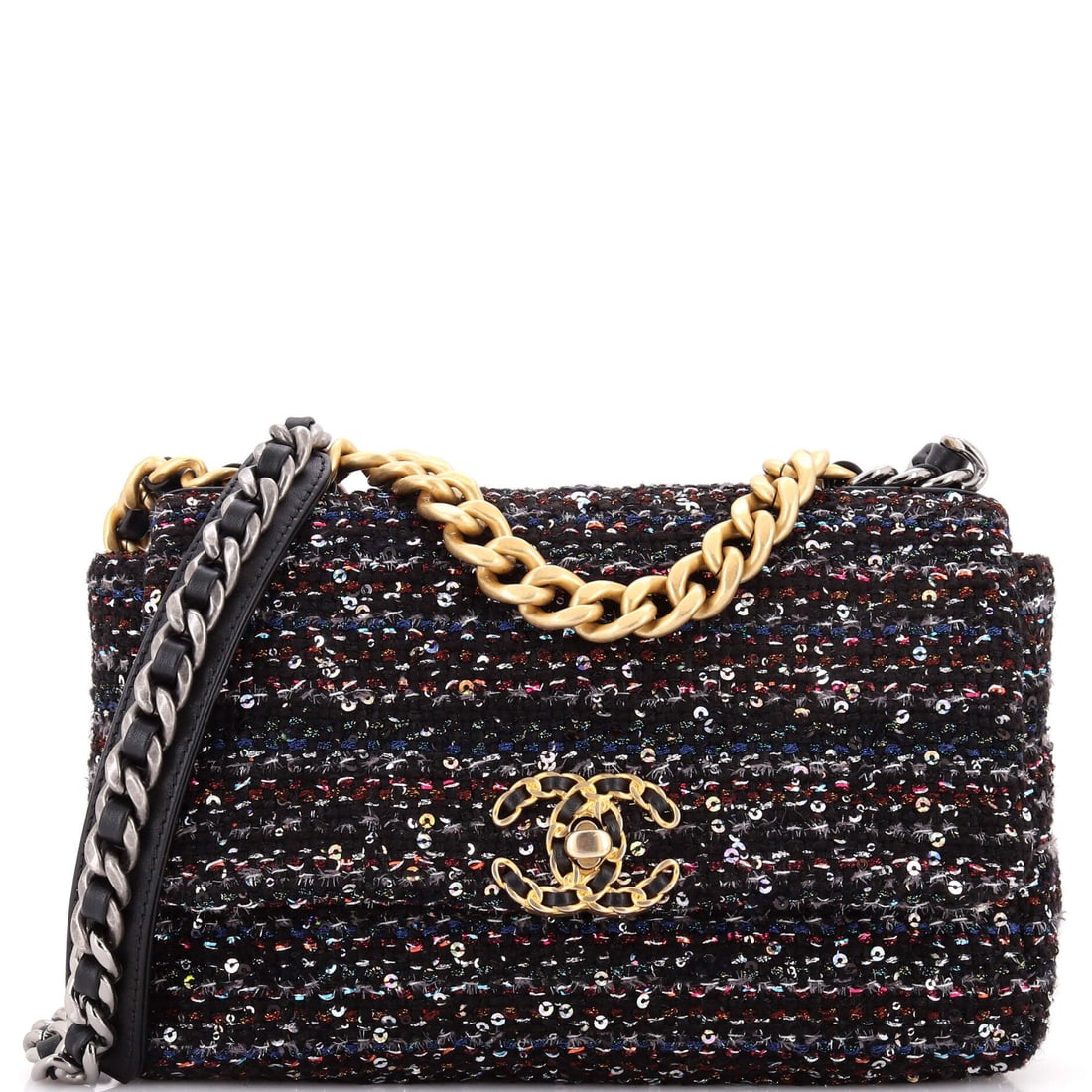 Chanel 19 Flap Bag Quilted Tweed and Sequins: Sequins scattered over tweed give this 19 two surfaces at once, matte cloth beneath and glitter along the quilt lines. At 10 by 6.5 by 3.5 inches it is roomier through the body than the standard cut, 