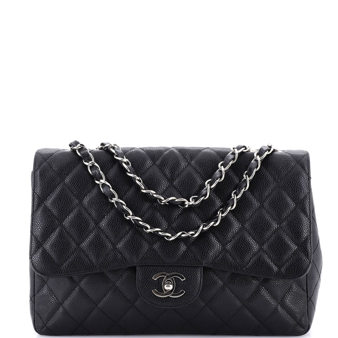 Chanel Classic Single Flap Bag Quilted Caviar: Large-format single flaps like this one, 11.5 in across by 8 in tall and 3 in deep, are bought to be carried rather than saved. Caviar leather is what allows that, taking the weight of a loaded bag wi