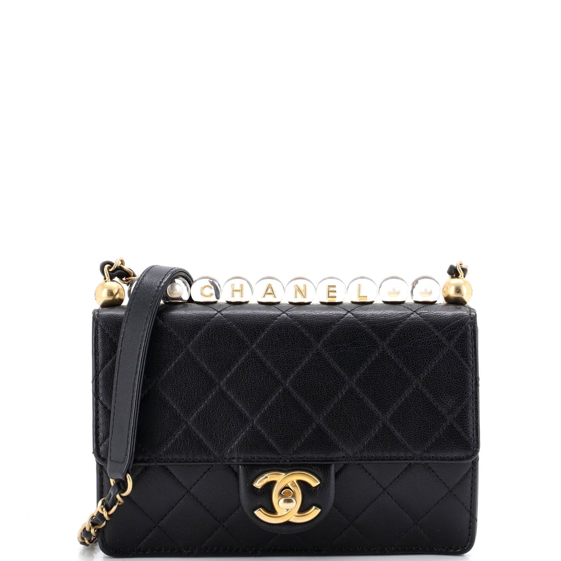 Chanel Chic Pearls Flap Bag Quilted Goatskin with Acrylic Beads: Chanel's Chic Pearls line swaps the usual chain for strung acrylic beads, and this example keeps that pairing over a quilted goatskin flap. The 2 inch depth is slim, the 7.5 by 6 inch body neat, and t