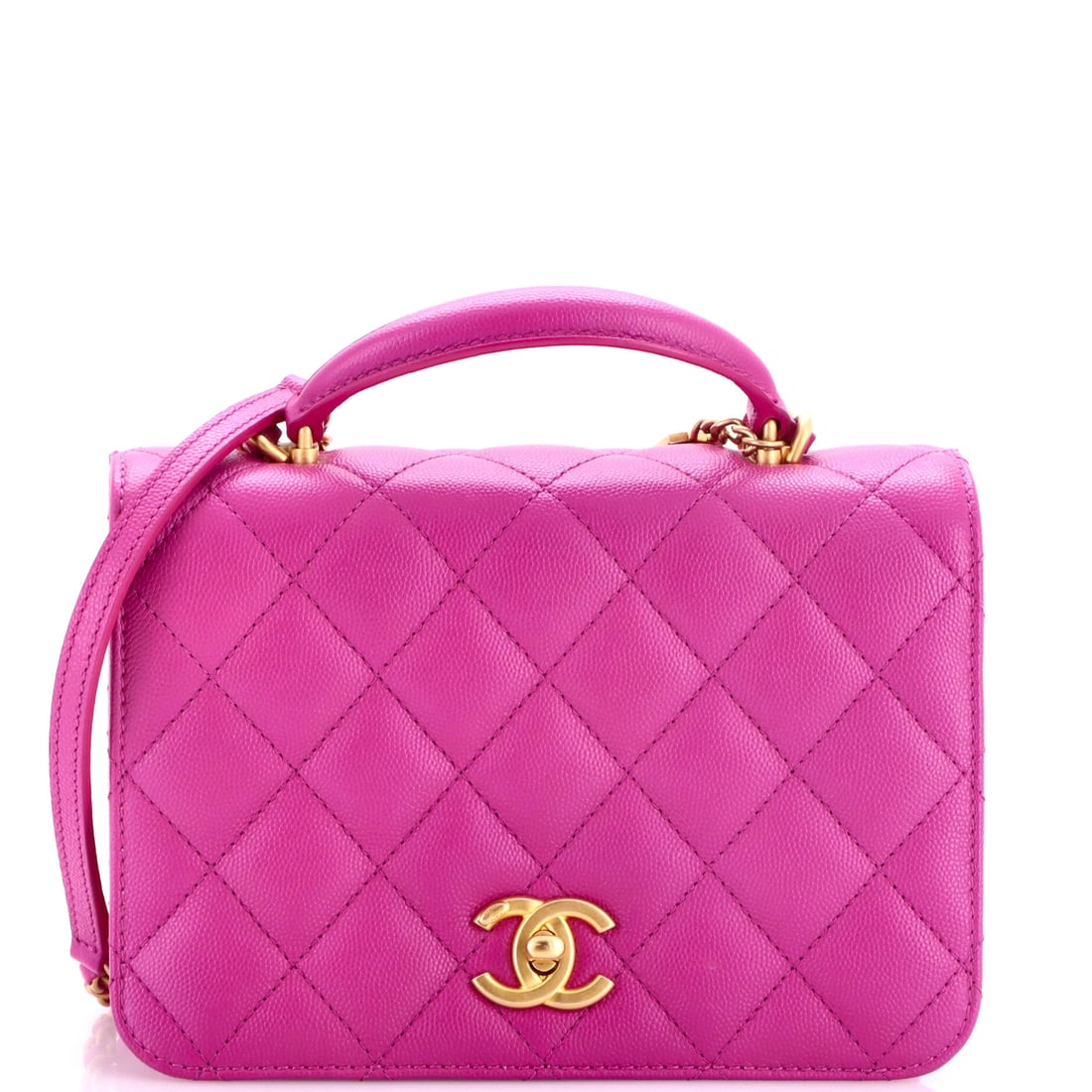 Chanel CC Top Handle Chain Full Flap Bag Quilted Caviar: A top handle over a full flap changes how the bag is used, carried in hand at a formal angle rather than swung from a chain. Caviar quilting across an 8 by 6 inch front keeps its shape, and 3.5 inches