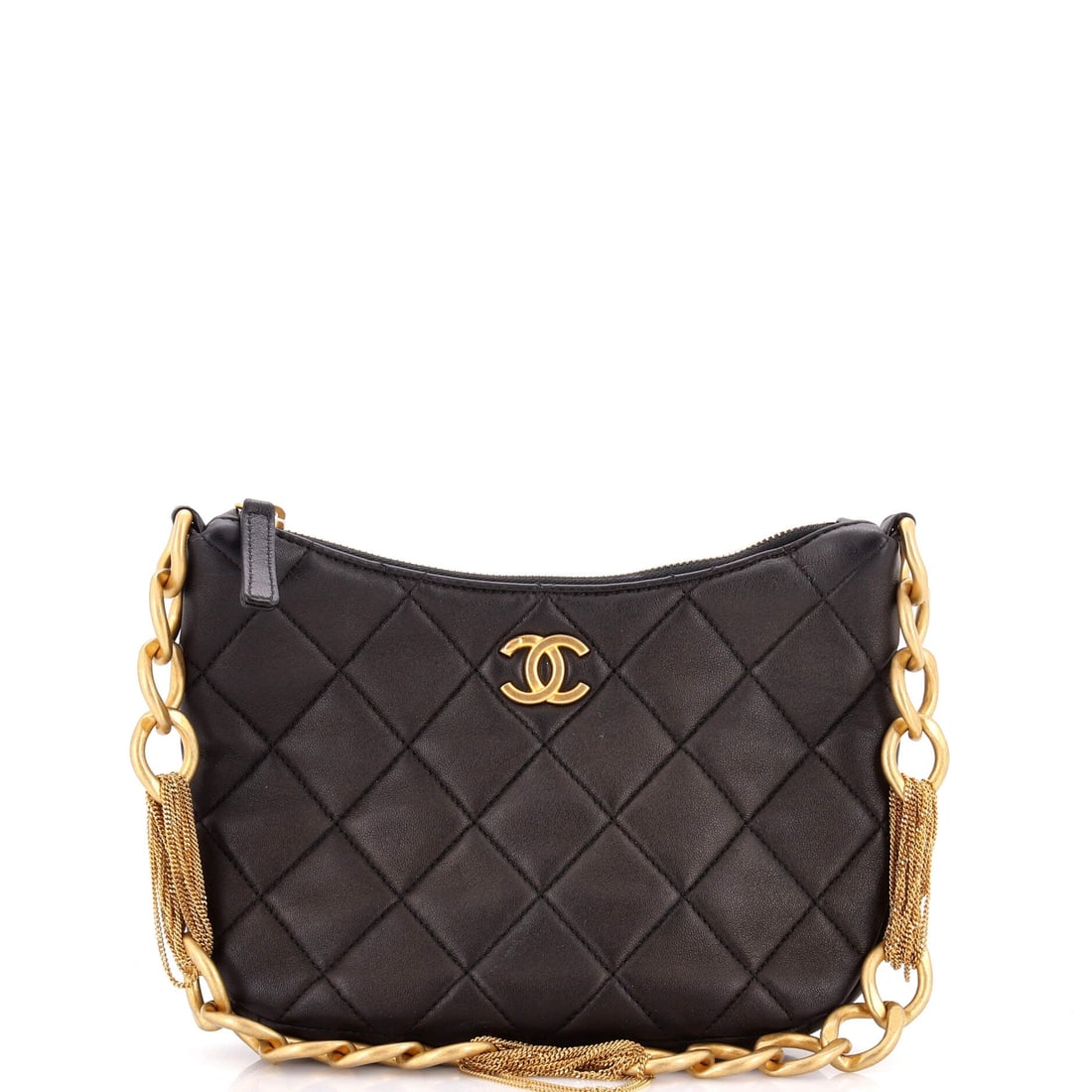 Chanel CC Mixed Chain Link Zip Hobo Quilted Lambskin: Softness is the whole appeal of the zip hobo, and quilted lambskin over an 8 inch width delivers it without the bag collapsing. The mixed chain sits heavier than a standard flap chain, giving the shou