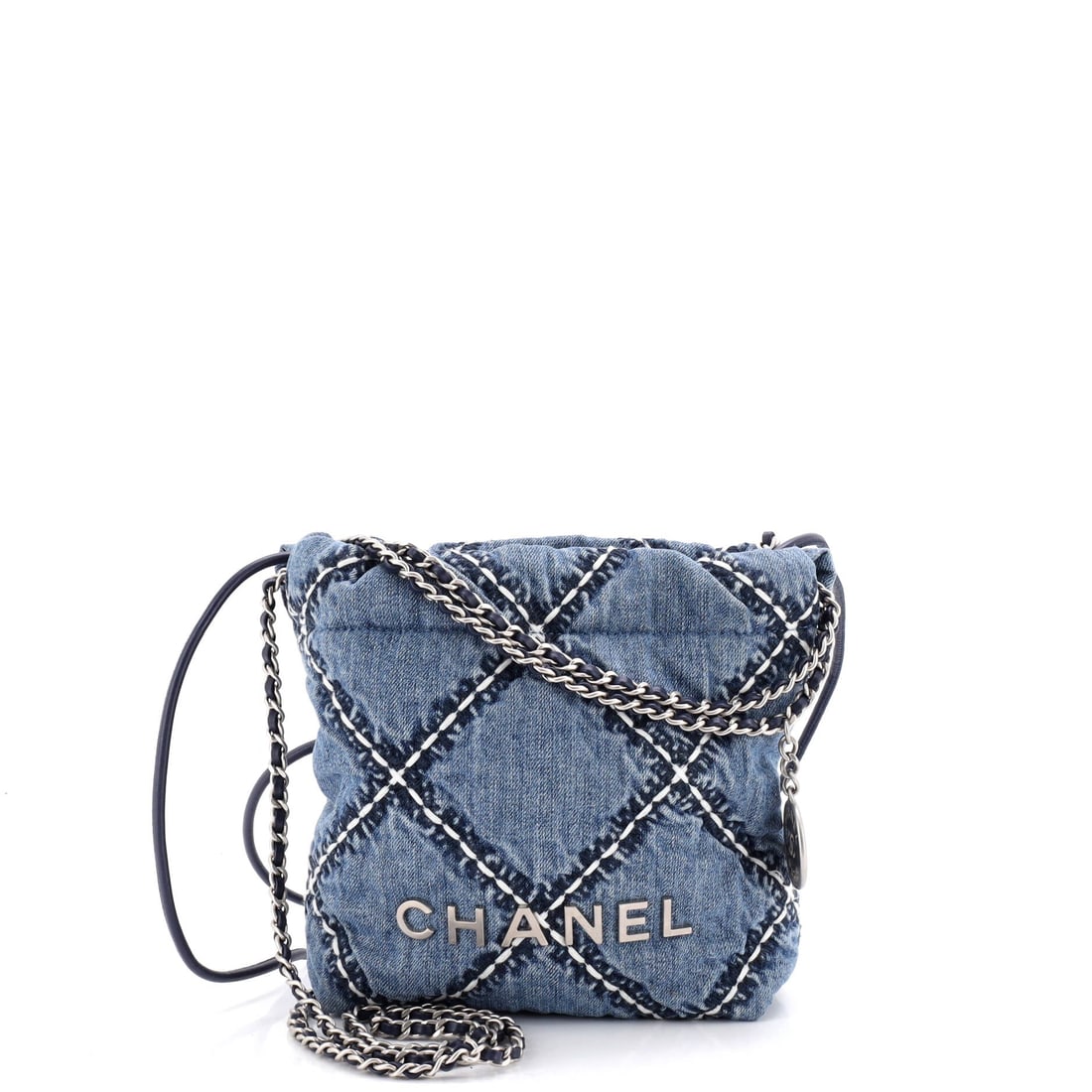 Chanel 22 Chain Hobo Quilted Stitched Denim: Quilted stitched denim reads softer than caviar or lambskin, and on the 22 that suits the slouching hobo body. Dimensions of 6.5 by 7.5 by 2.5 inches make it a compact carry, gathered closed at the to