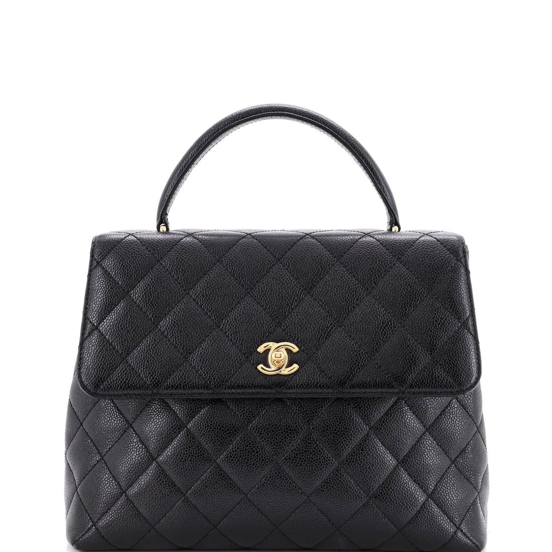 Chanel Vintage Classic Top Handle Flap Bag Quilted Caviar: Hand-carry and shoulder-carry both come standard - a 3 in top handle above, a 19 in chain behind - on a substantial 11.5 x 9 x 5 in caviar flap. The proportions read closer to a small business bag tha