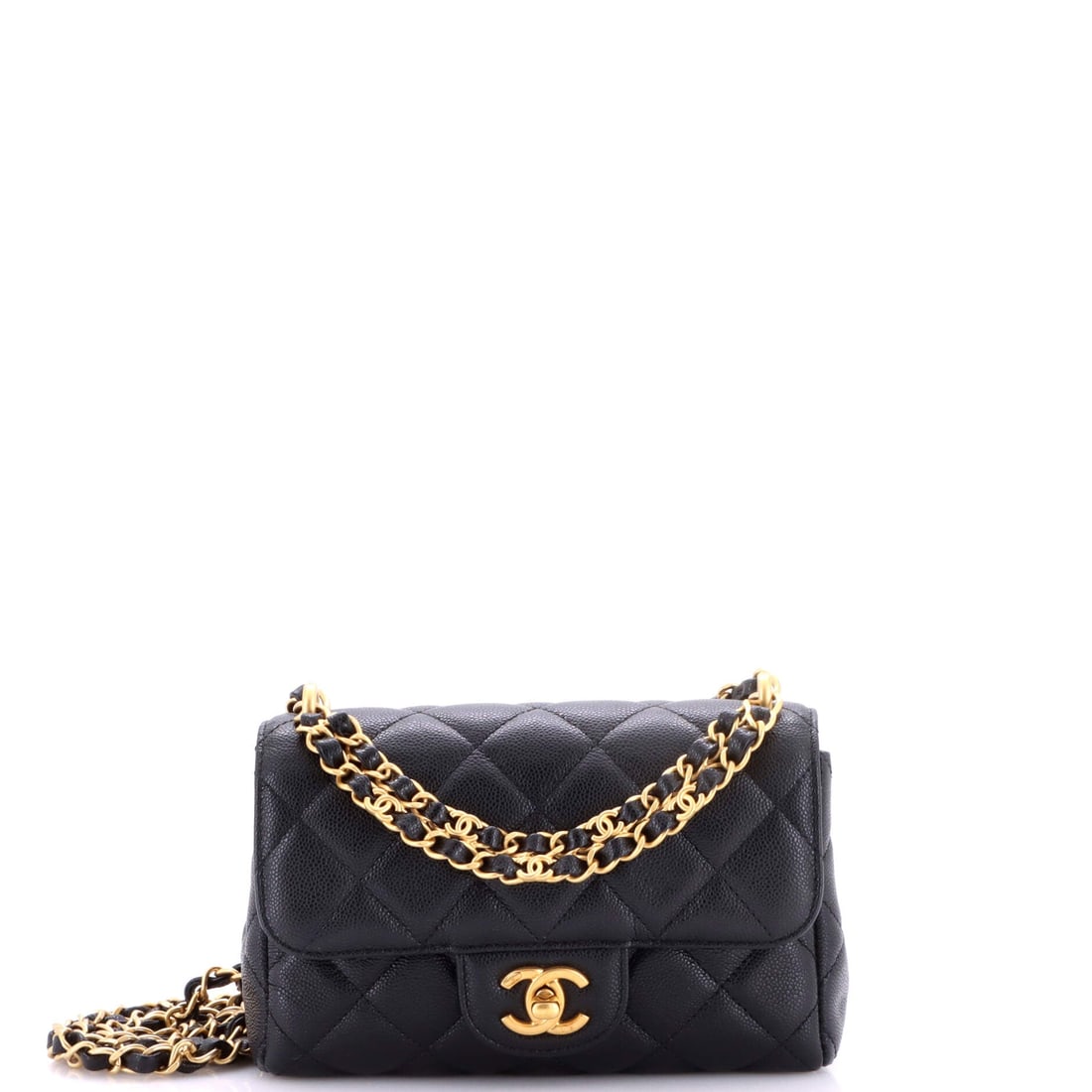 Chanel Coco First Flap Bag Quilted Caviar: An 8 inch width pushes this Coco First past pouch scale into something that carries a day's essentials, with 5.5 inches of height and a 2.5 inch gusset behind it. Quilted caviar takes handling better 