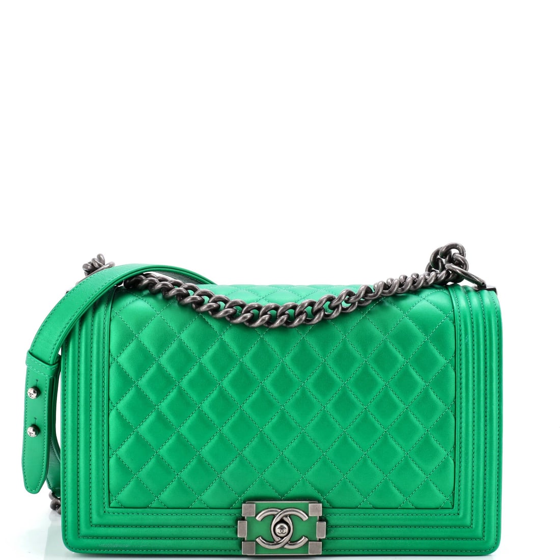 Chanel Boy Flap Bag Quilted Lambskin: An 11 by 7 by 3 inch lambskin body puts this at the large end, where the softness of the leather shows most in how the flap drapes over the frame. The 18-inch strap keeps it high rather than slung low
