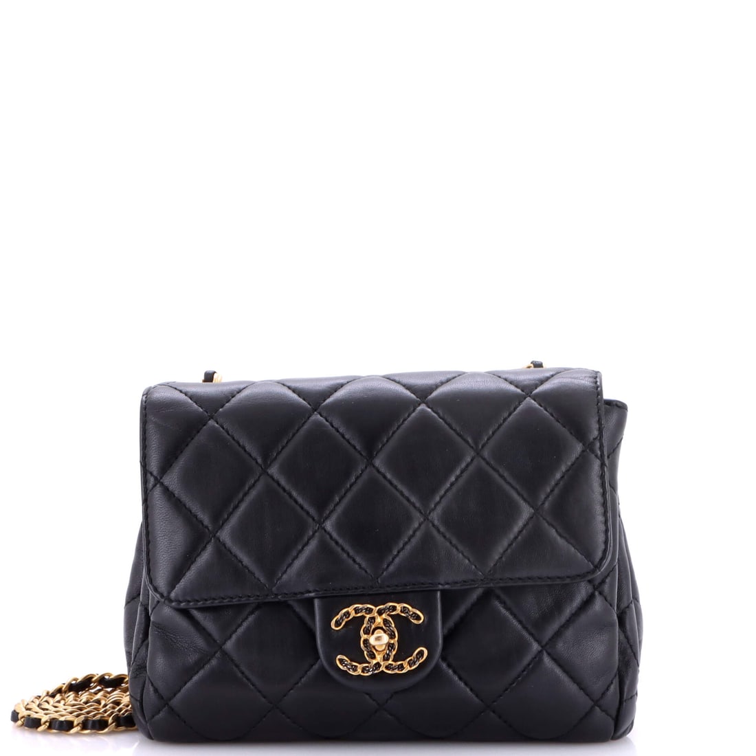 Chanel Chain Woven CC Square Accordion Flap Bag Quilted Lambskin: Square proportions change the character of the accordion flap, giving this one a compact, almost boxy face at 8 by 5 inches over a 2 inch gusset. Woven chain runs through the strap and the CC turnlock