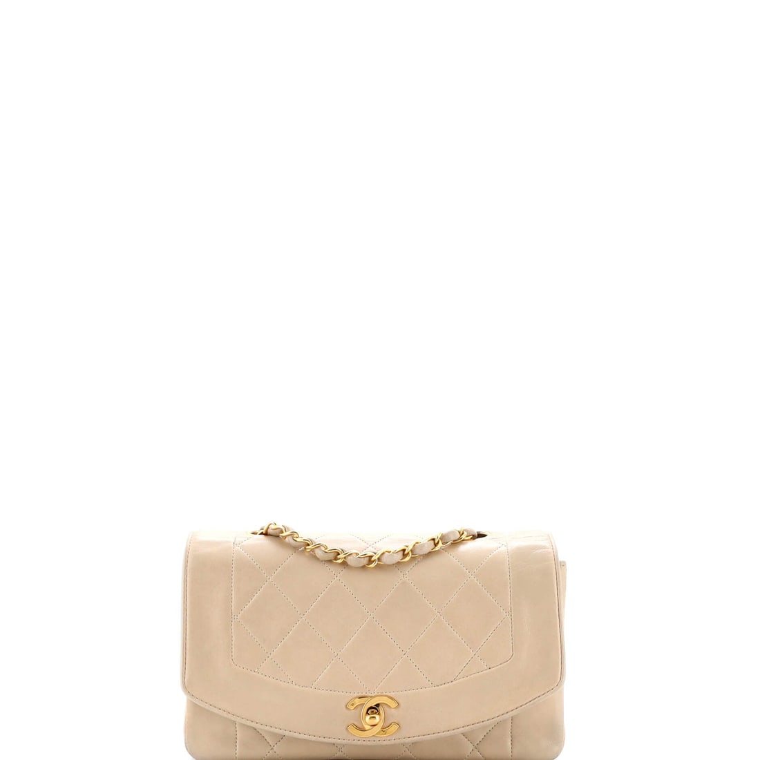 Chanel Vintage Diana Flap Bag Quilted Lambskin: Smaller in every direction - 8.5 wide, 5.5 high, 2.5 deep - this Diana keeps the tidy flap and CC turnlock on a frame closer to a mini. Both drops land long, at 20 and 21 inches, so shoulder and cross