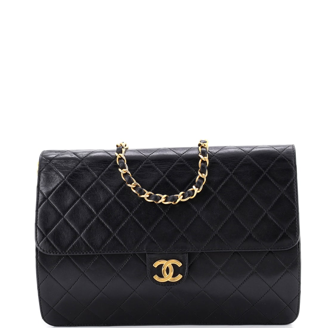 Chanel Vintage Square CC Flap Bag Quilted Lambskin: Square-flap geometry reads differently at 10 inches wide by 6 high, where the CC sits proud of a shallow 2.5 in depth. The chain gives a 9 in shoulder drop doubled and 15 in single, short for crossbod