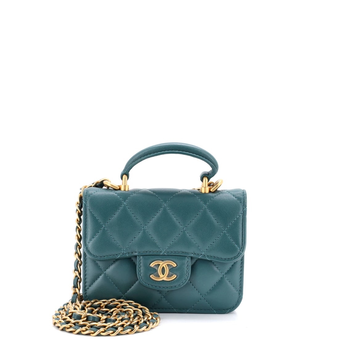 Chanel Top Handle Flap Coin Purse with Chain Quilted Lambskin: Quilted lambskin across W 5 x H 3.5 x D 1.5 in makes this coin purse an accessory for the hand more than a container. The short top handle sits at 1.5 inches, and a 21.5 in chain converts it to a cros