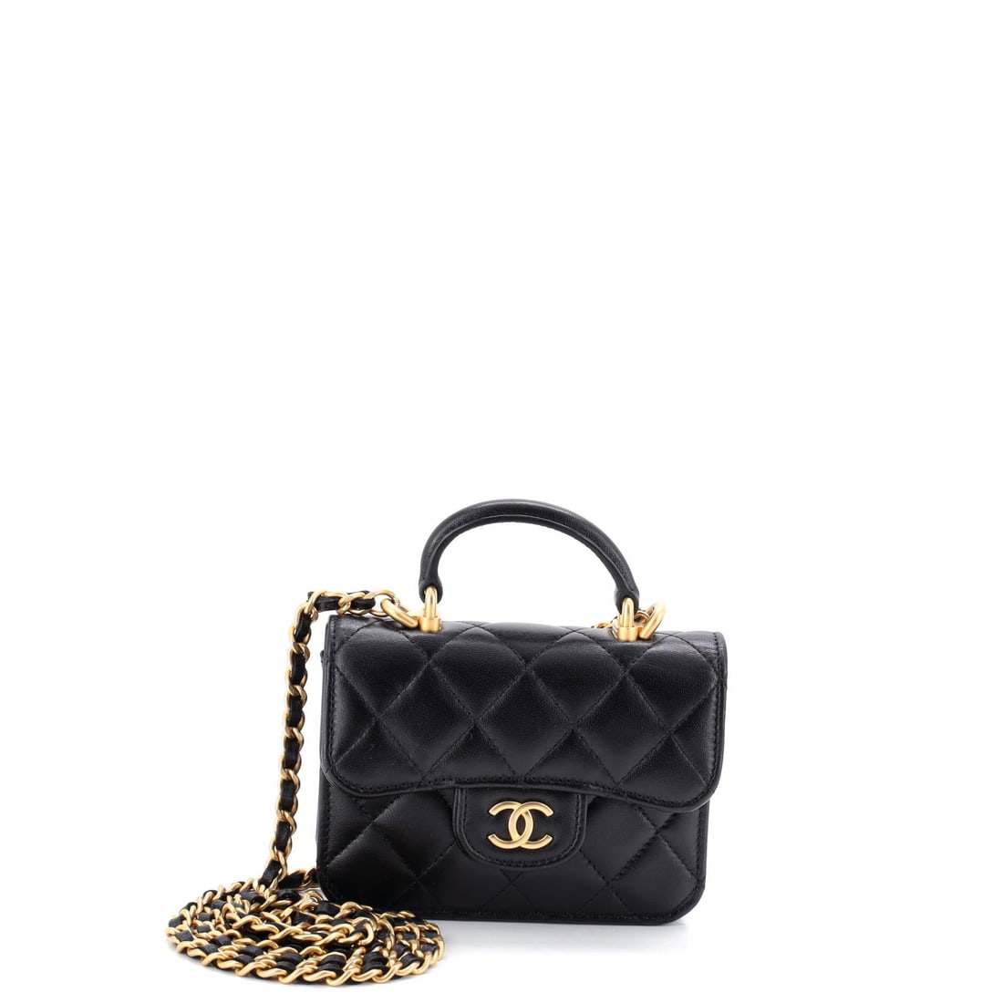 Chanel Top Handle Flap Coin Purse with Chain Quilted Lambskin: At 4.5 inches across, this is the tighter cut of the top handle coin purse, with 3.5 in of height and 1.5 of depth holding it to essentials. The chain measures 21.5 in for crossbody wear; the 1.5 in h