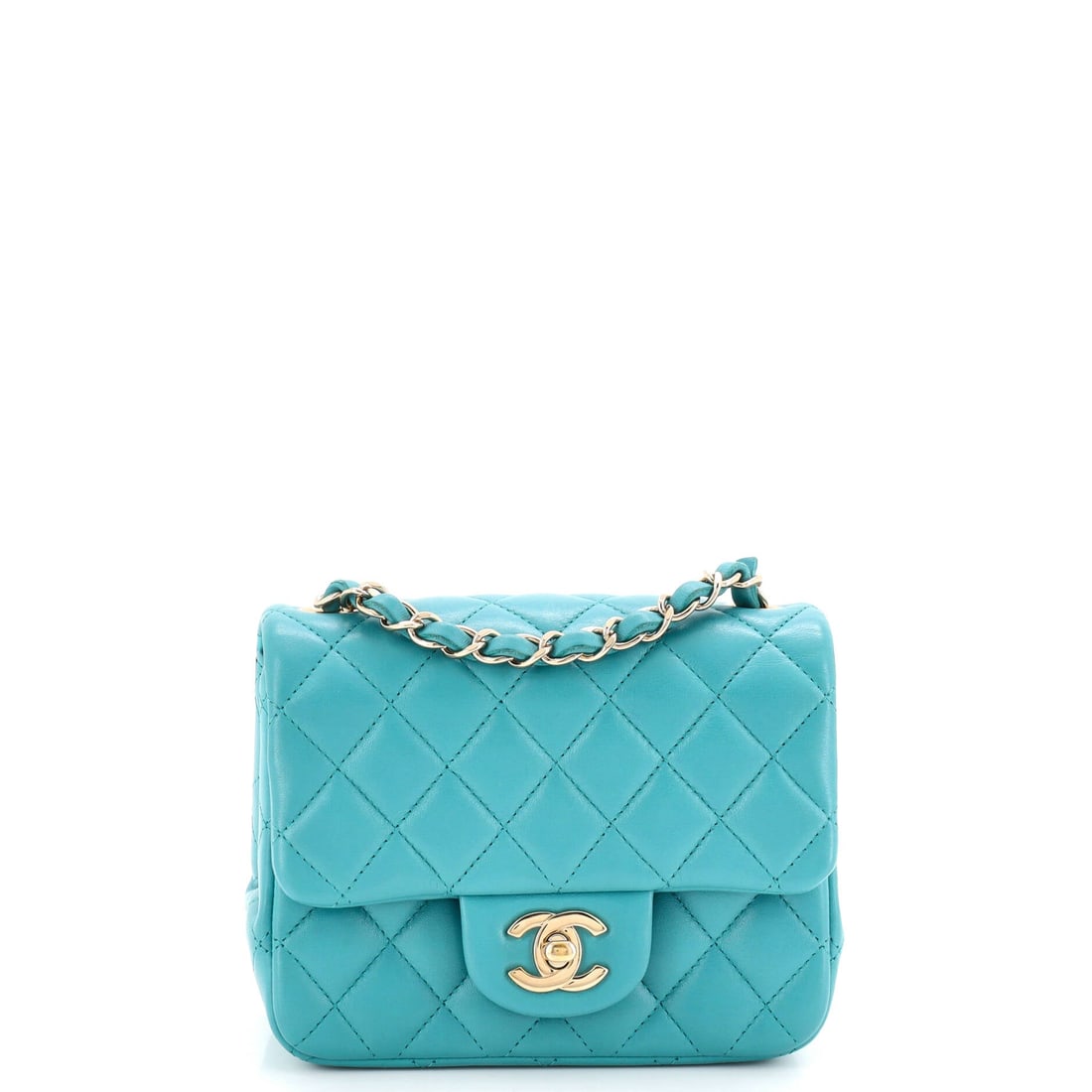 Chanel Square Classic Single Flap Bag Quilted Lambskin: This square flap pairs quilted lambskin with the single turnlock front, the plainest reading of the design. Width of 6.5 inches, height of 5, depth of 3: small, but not ornamental. Wear it short at 9 