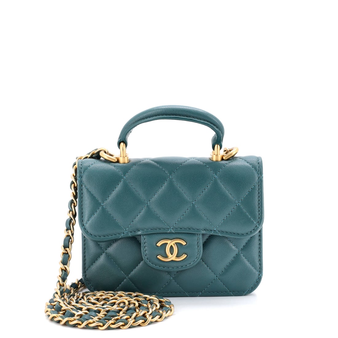 Chanel Top Handle Flap Coin Purse with Chain Quilted Lambskin: Two carries in one very small object: a 1.5 in top handle for the hand, a 21.5 in chain for the body. The 5 x 3.5 x 1.5 in shell is coin-purse scale but built like a flap bag, quilted lambskin and all