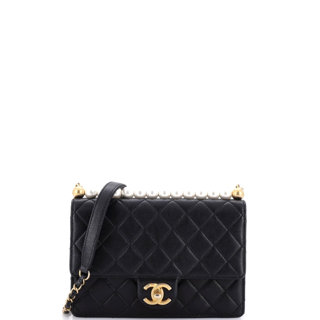 Chanel Chic Pearls Flap Bag Quilted Lambskin: At 9 inches across, this is the widest of the Chic Pearls flaps on offer, which gives the quilted lambskin front more room to show its pattern. The 23.5 inch bead strap still keeps it crossbody and th