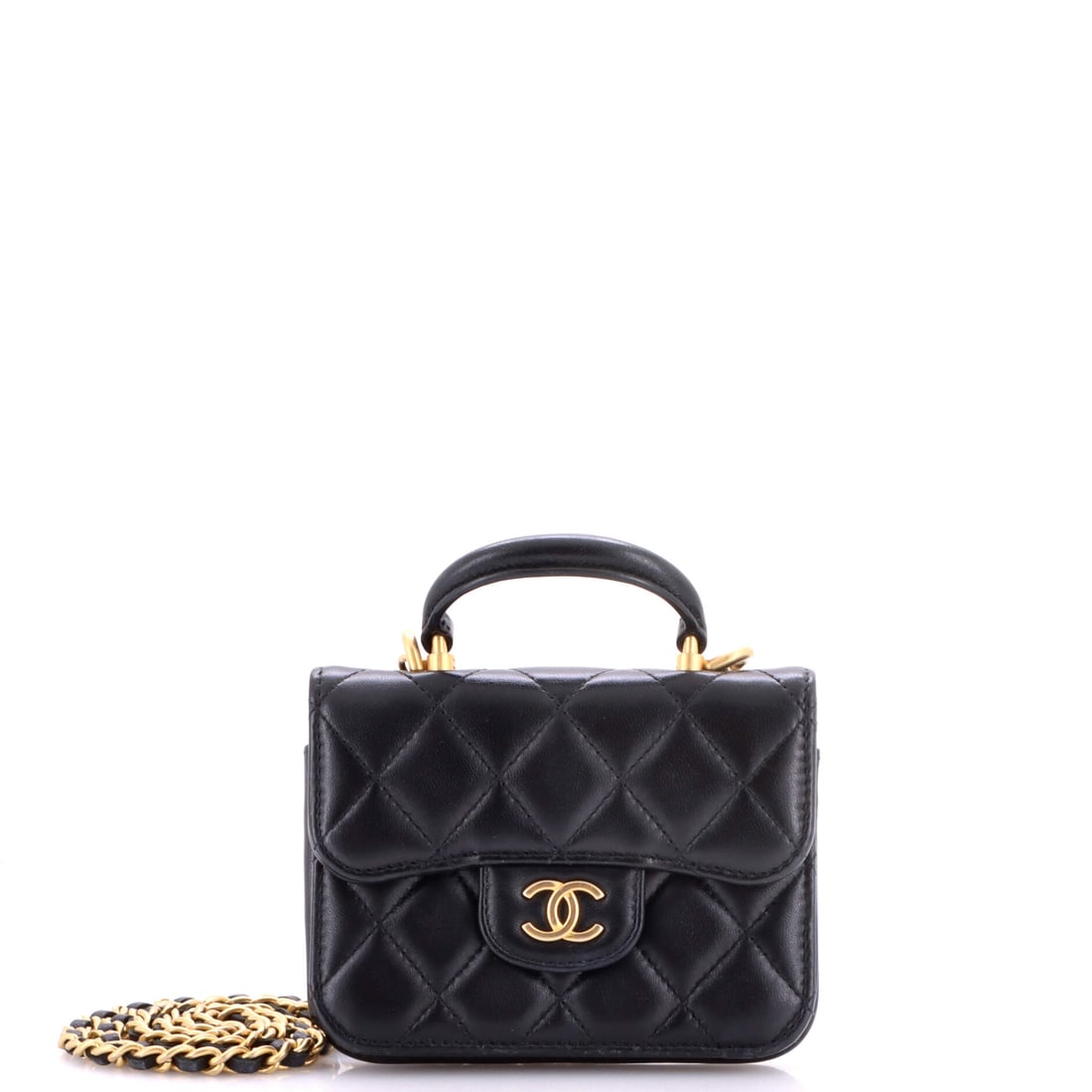 Chanel Top Handle Flap Coin Purse with Chain Quilted Lambskin: The chain on this coin purse falls 21.5 inches, long enough to wear across the body and let a 5 x 3.5 x 1.5 in flap settle at the hip. A 1.5 in handle up top covers the short walk from car to table. D