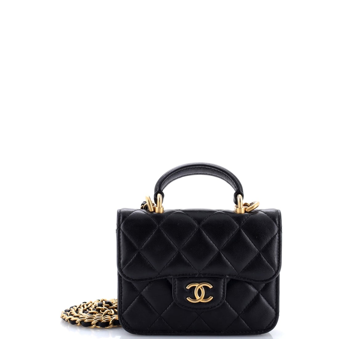 Chanel Top Handle Flap Coin Purse with Chain Quilted Lambskin: Lambskin quilting reads finer on a body this small, and at W 5 x H 3.5 x D 1.5 in the top handle coin purse is about as compact as the flap format goes. Grade B - Excellent condition throughout. The 2