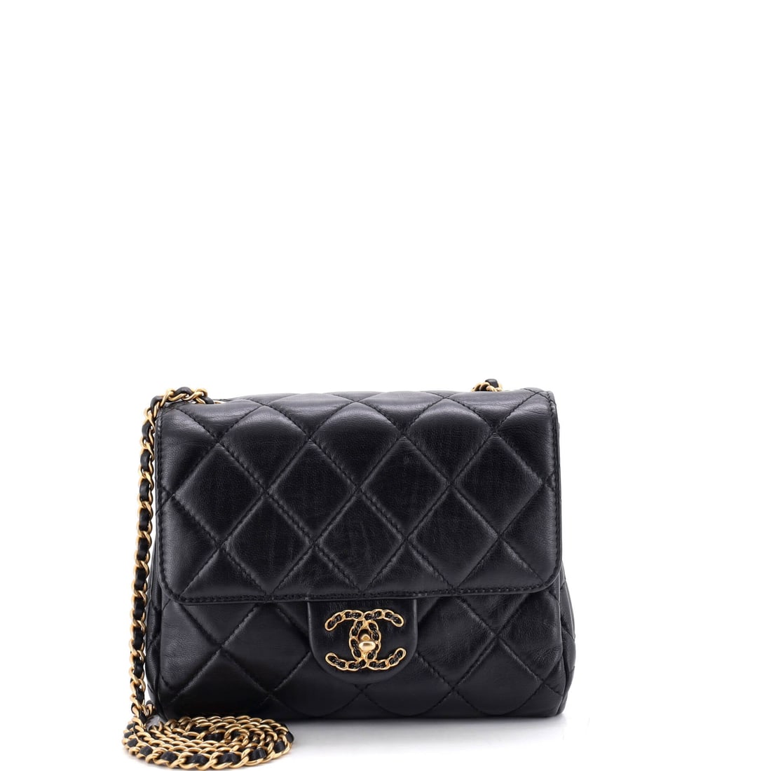 Chanel Chain Woven CC Square Accordion Flap Bag Quilted Lambskin: At 7 inches across, this square accordion flap is the smaller of the two here, closer to a pouch than a day bag. The accordion sides still give more interior than the footprint suggests, and quilted l