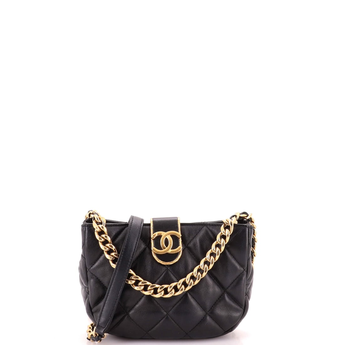 Chanel CC Chain Hobo Quilted Lambskin: Rounder and deeper than the Chain Around version, this CC Chain hobo measures W 7 x H 5 x D 2.5 in, small but with genuine volume behind the quilting. The chain runs 21 inches for crossbody or shorten