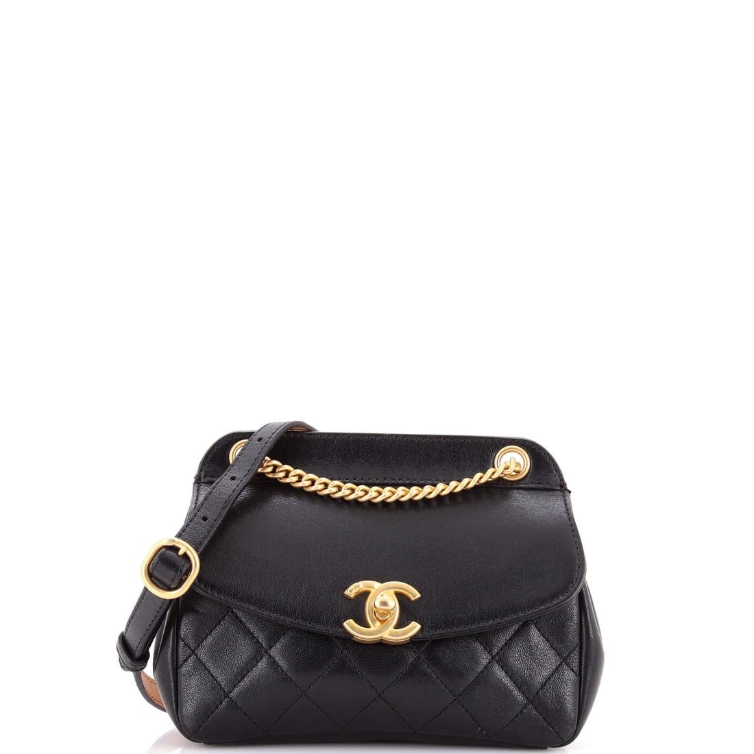 Chanel Curved Flap Bag Quilted Lambskin: The curved flap softens the usual angular front, and on a 7 by 5.5 inch body with 3 inches of depth the shape reads rounded and full. Carry options are short here, a 7 inch handle drop or a 14 inch st