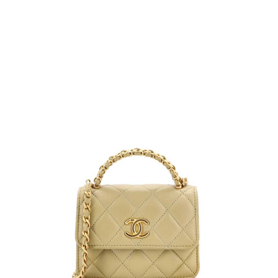 Chanel Woven Top Handle CC Flap Clutch on Chain Quilted Lambskin: The woven treatment catches light differently from flat quilting, which is what this 5 x 3 x 2 in clutch has going for it. Chain length of 23 in makes it a crossbody; the 1.5 in handle makes it a