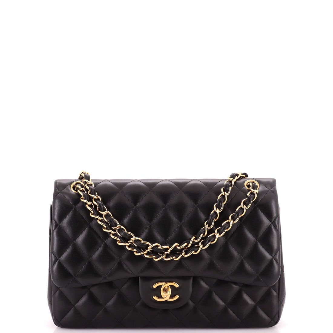 Chanel Classic Double Flap Bag Quilted Lambskin: Twelve by 8 inches of quilted lambskin is a lot of soft leather, and the effect is plush rather than structured. A 3.5 inch depth and 24 inch chain make it a practical crossbody despite the scale,