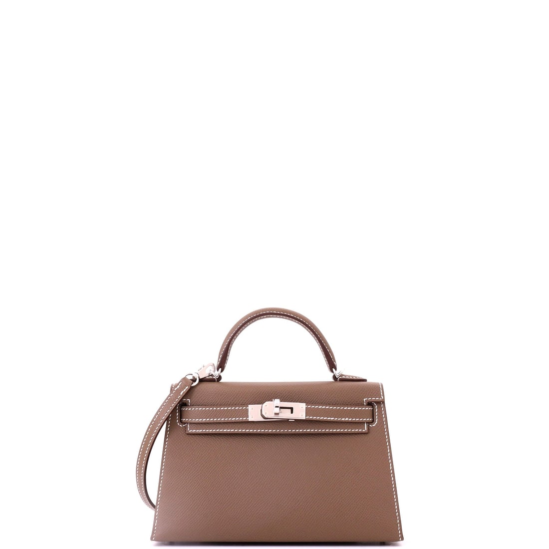 Hermes Kelly Mini II Bag Grey Epsom with Palladium Hardware: The Kelly Mini II is the hardest Kelly to source at auction and the easiest one to wear across the body all day. Grey Epsom keeps the small shape crisp and unslouched, and palladium hardware gives it 