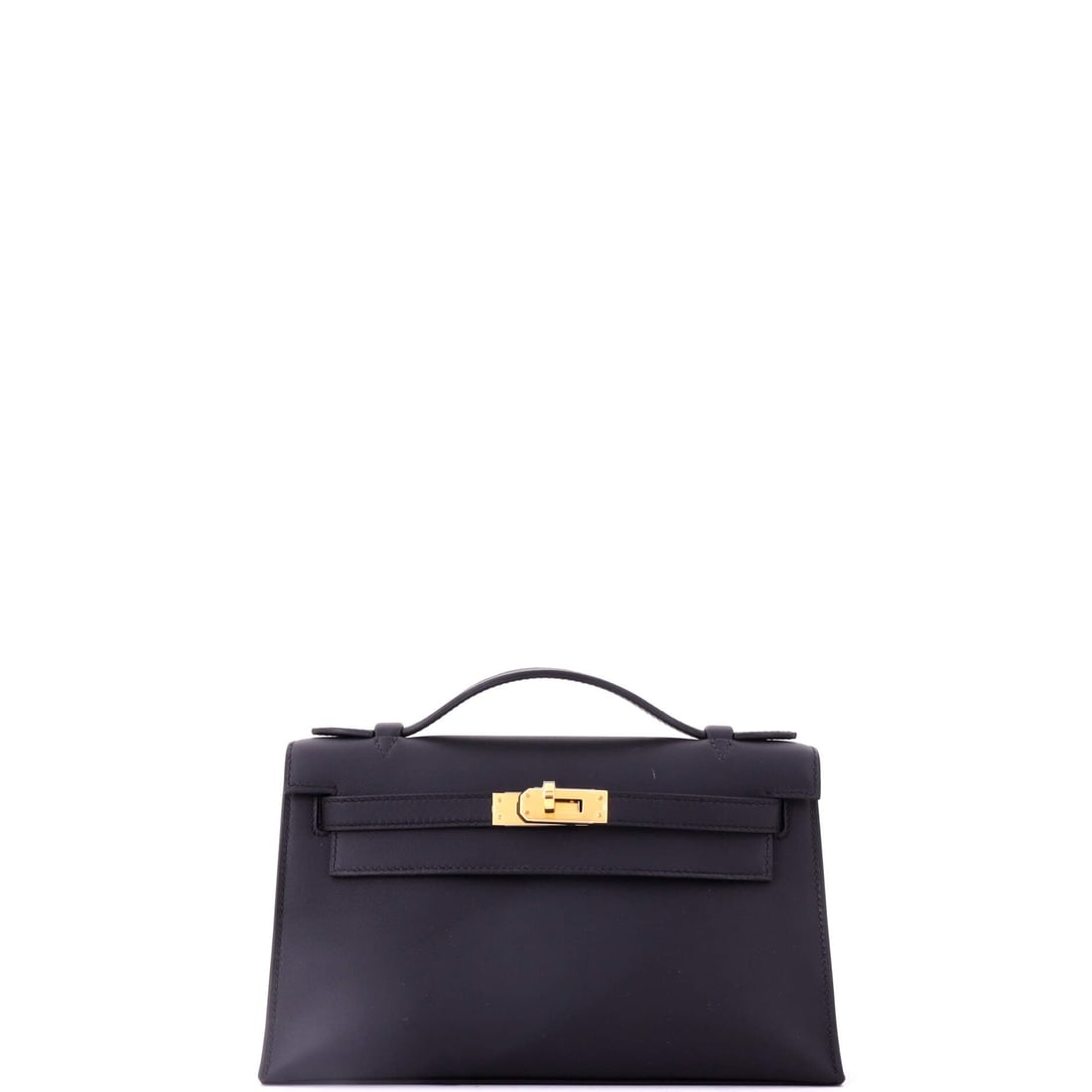 Hermes Kelly Pochette Swift: The Kelly Pochette compresses the entire Kelly vocabulary - turn-lock, sangles, clochette - into an evening clutch. Swift takes dye more deeply than any other Hermes leather, so the small front panel 