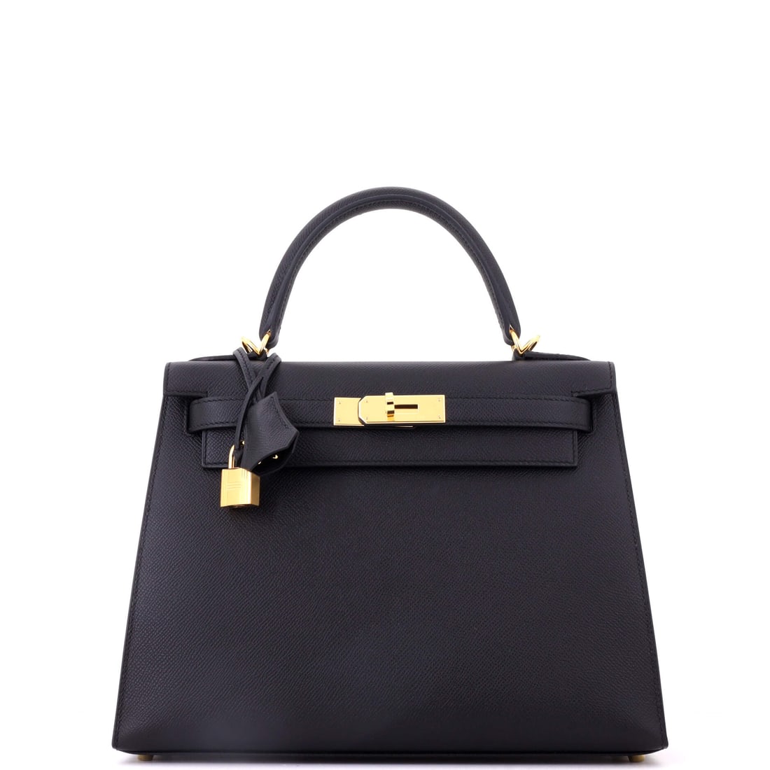Hermes Kelly Handbag Black Epsom with Gold Hardware: Black Epsom Kelly with gold hardware is the configuration most first-time Kelly buyers describe when they call, and the wider 11.5 in body makes it the version that handles a real day. Epsom's embosse