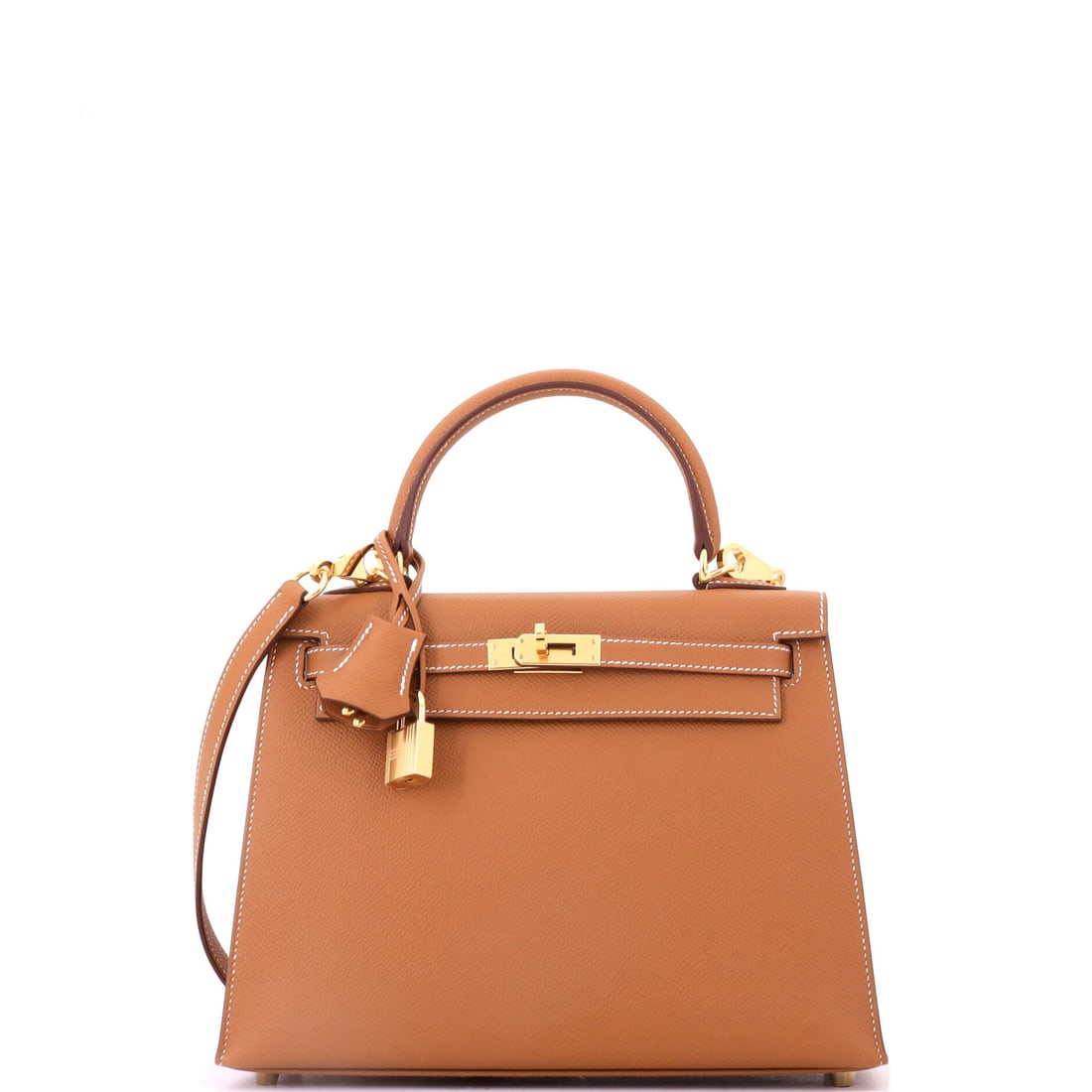 Hermes Kelly Handbag Brown Epsom with Gold Hardware: Epsom's embossed finish is why brown Kellys hold their shape on a shelf and in the hand, and gold hardware is the pairing that has always sold fastest in this leather. Ten inches wide, 8 high, 4 deep