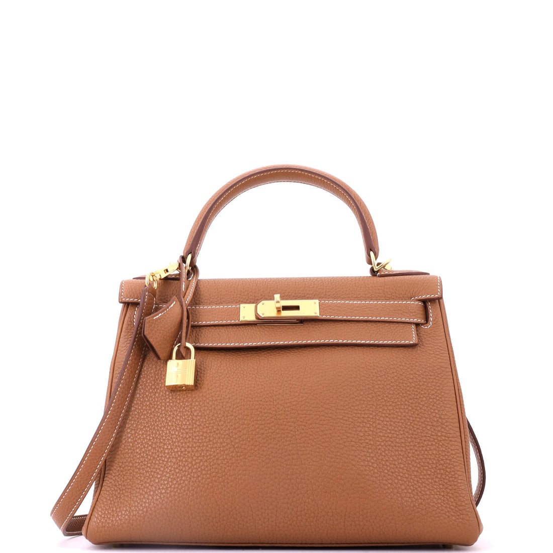 Hermes Kelly Handbag Brown Togo with Gold Hardware: Brown Togo with gold hardware at 11 in wide gives a Kelly enough room to be practical without moving into travel proportions. Togo's pebbled grain forgives handling in a way smooth calf will not.
