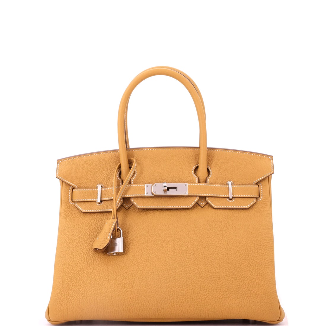 Hermes Birkin Handbag Light Togo with Palladium Hardware: A light Togo Birkin with palladium hardware runs cooler and lighter than the standard black or brown, and the silver-tone plating keeps the palette consistent. Full daily proportions at 11.5 in wide, 