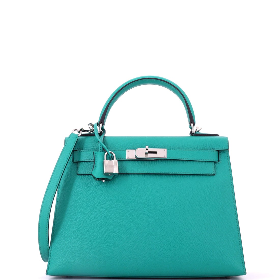 Hermes Kelly Handbag Blue Epsom with Palladium Hardware: Blue over Epsom holds its saturation better than it does over softer leathers, and palladium hardware keeps the whole bag in a single cool register. This Kelly measures 11.5 in wide, 8.5 in high and 4