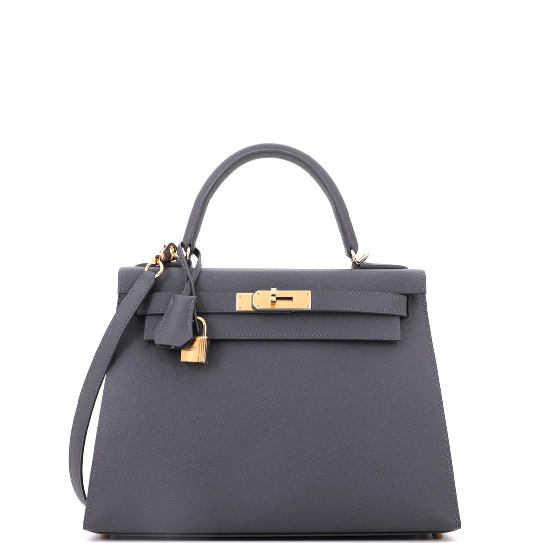 Hermes Kelly Handbag Grey Epsom with Permabrass Hardware: Permabrass is one of the rarer hardware finishes Hermes offers, a warm brushed gold that does not mirror the way standard plating does. On grey Epsom it produces a Kelly that looks distinctly differen