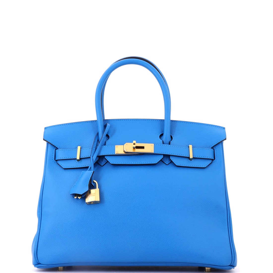 Hermes Birkin Handbag Blue Epsom with Gold Hardware: Blue on Epsom holds its intensity in a way it does not on softer leathers, and gold hardware pushes the contrast further. This is the full-size Birkin body at 11.5 in wide, 9 in high and 6 in deep. Gr