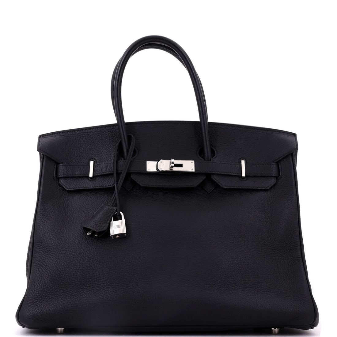 Hermes Birkin Handbag Black Clemence with Palladium Hardware: Clemence gives a Birkin a softer stance than Togo, and at 13.5 in wide by 10 in high by 7 in deep that softness turns a large bag into a genuinely comfortable one. Black with palladium hardware keeps 