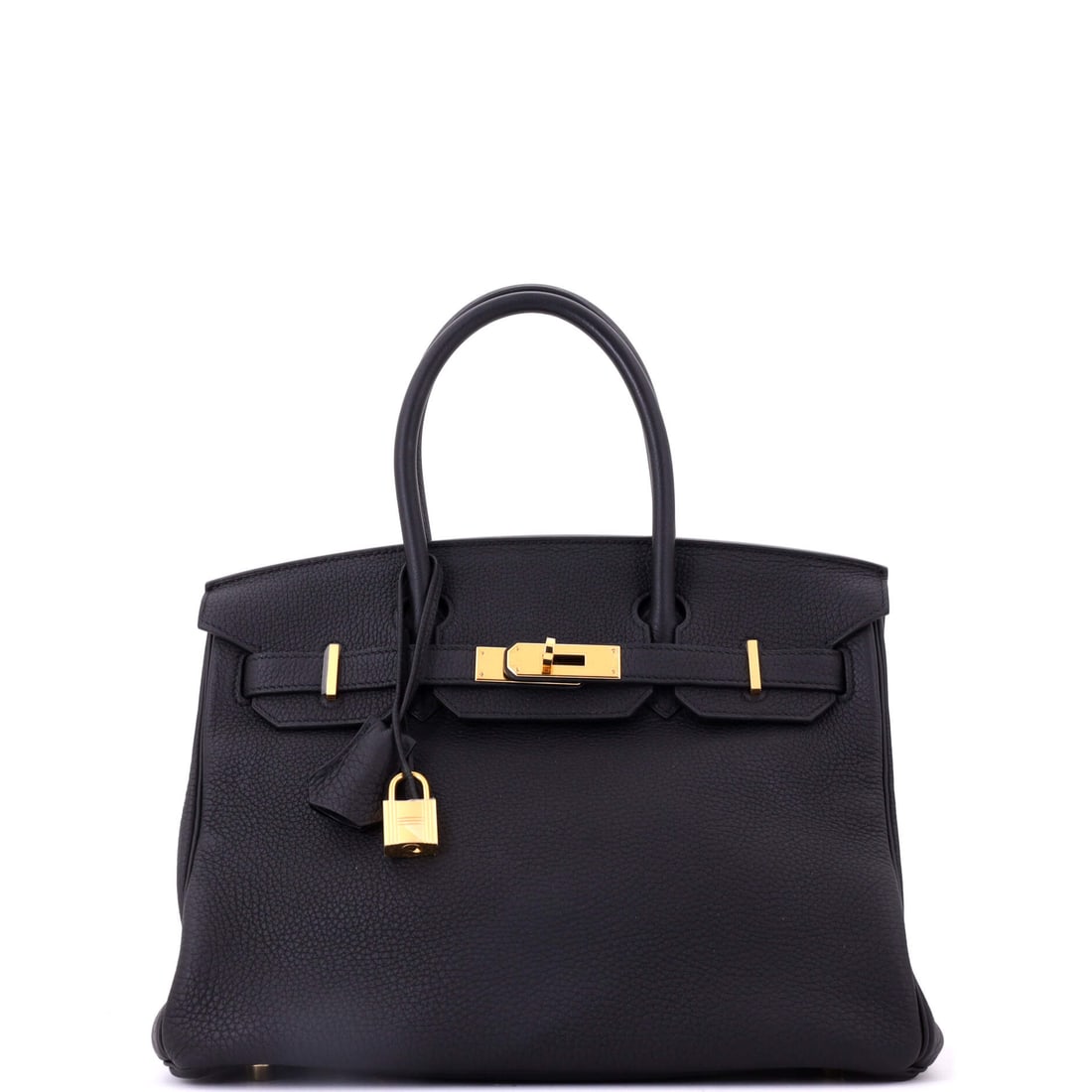 Hermes Birkin Handbag Black Togo with Gold Hardware: Twelve inches of black Togo with gold hardware - a Birkin sized to hold a working day, in the most consistently requested color and metal pairing Hermes offers. Nine inches high, 6 deep. Grade C - Ver