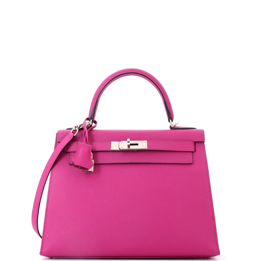 Hermes Kelly Handbag Pink Epsom with Palladium Hardware: Pink Epsom with palladium hardware is a combination that sells on sight - the cool metal keeps the color from tipping sweet. This is the 11.5 in Kelly body, 8.5 in high and 4 in deep. Shows as Grade D
