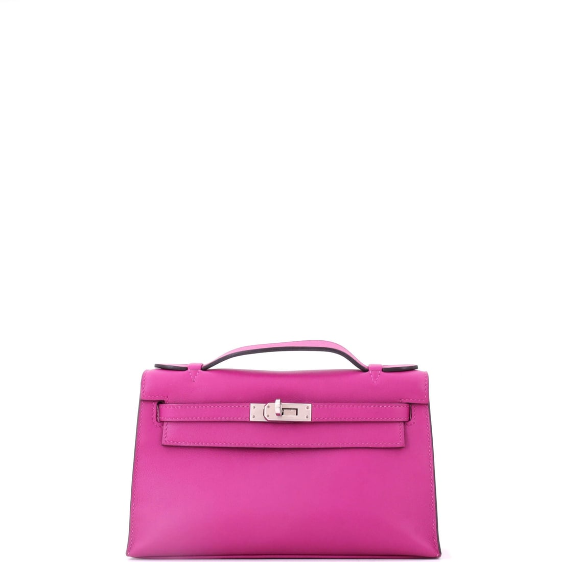 Hermes Kelly Pochette Swift: Swift makes the Kelly Pochette look richer than its size suggests, and every structural element of the full Kelly survives the reduction. Eight and a half inches wide, 5.5 high, 2.5 deep. Grade B - Ex