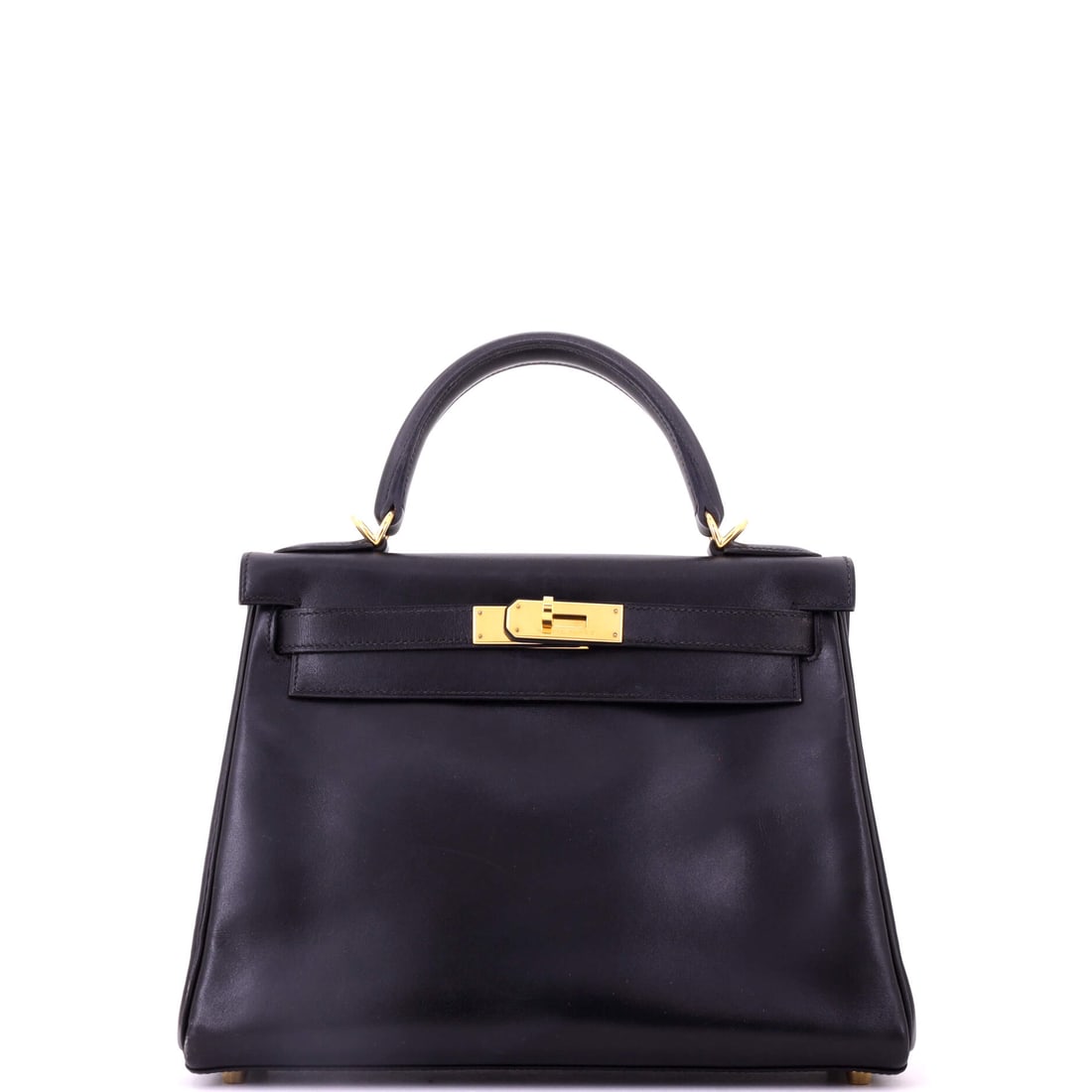 Hermes Kelly Handbag Black Box Calf with Gold Hardware: Box calf is the oldest leather in the Hermes catalog and the most demanding - glossy, smooth, and prone to developing a patina that collectors either want badly or avoid entirely. On a black Kelly wit