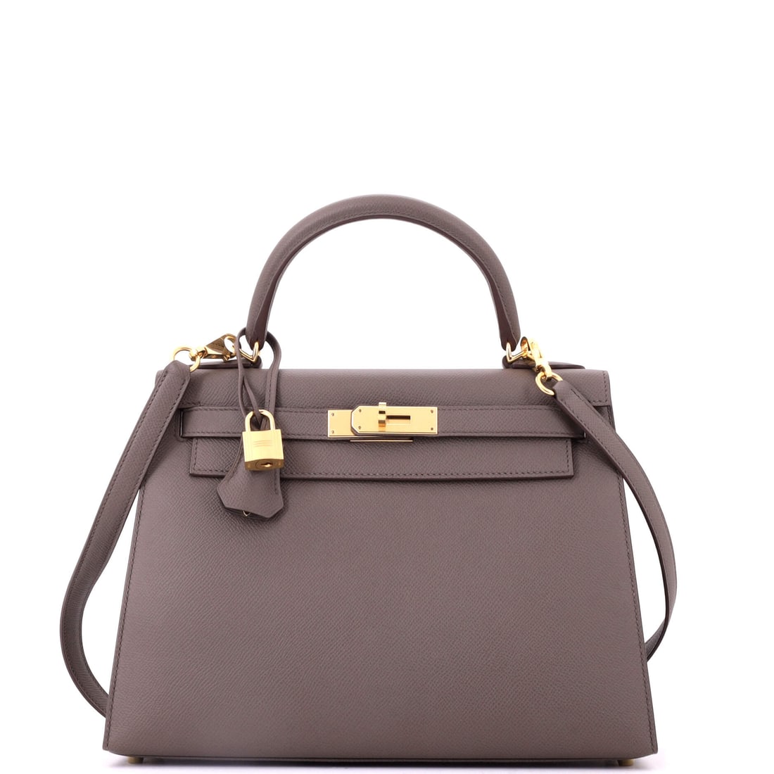 Hermes Kelly Handbag Grey Epsom with Gold Hardware: Grey Epsom, gold hardware, 11.5 in width - a Kelly with structure, capacity and a color that works across a wardrobe. Eight and a half inches high with 4 in depth. Grade A - Pristine. Maison de Beaubi