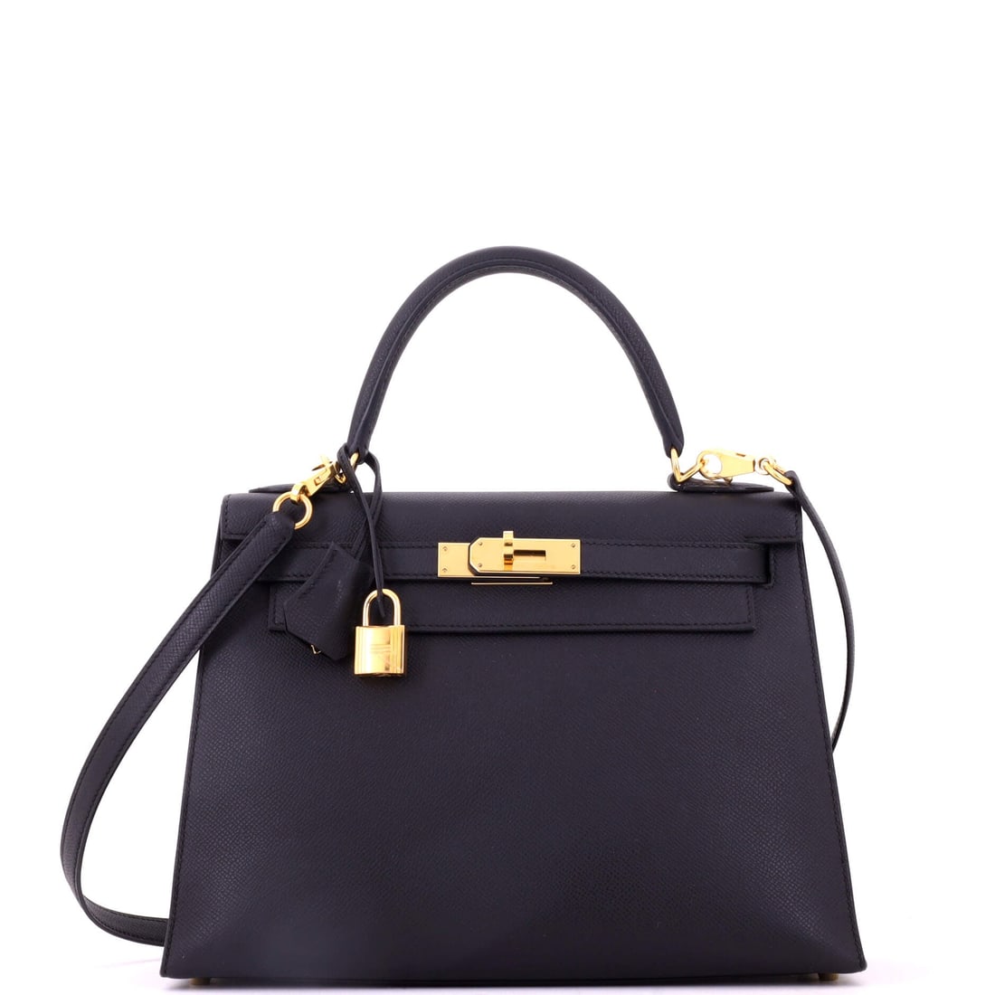 Hermes Kelly Handbag Black Epsom with Gold Hardware: Black Epsom with gold hardware at 11.5 in is the Kelly configuration with the deepest demand, combining structure, capacity and the most requested metal. Height 8.5 in, depth 4 in. Grade A - Pristine.