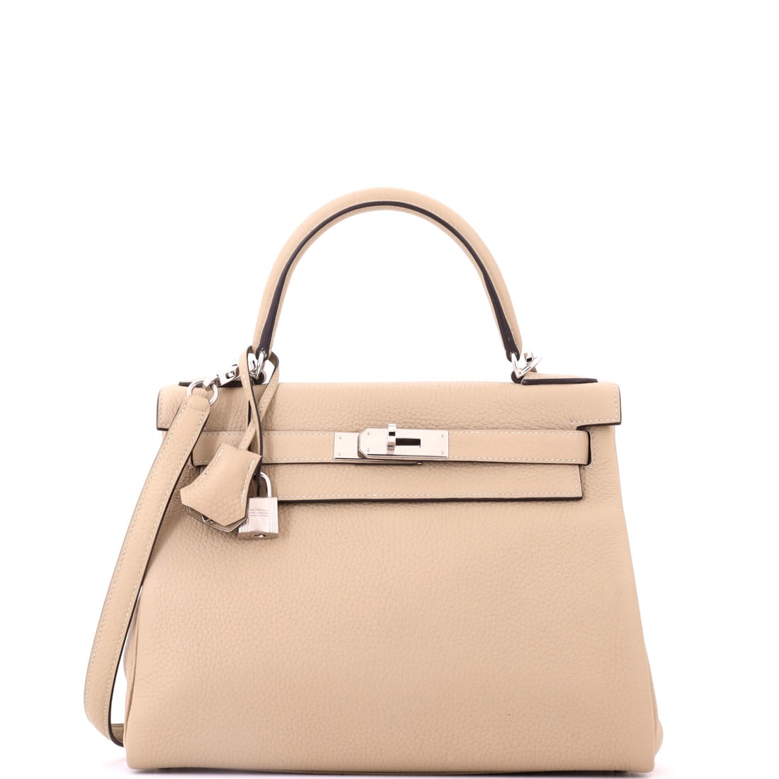 Hermes Kelly Handbag Light Clemence with Palladium Hardware: Light Clemence has a heavier drape than Togo, so this Kelly falls softer at the sides while keeping the pale tone clean. Palladium hardware suits the lighter palette. Measures 10.5 in wide, 8.5 in hig