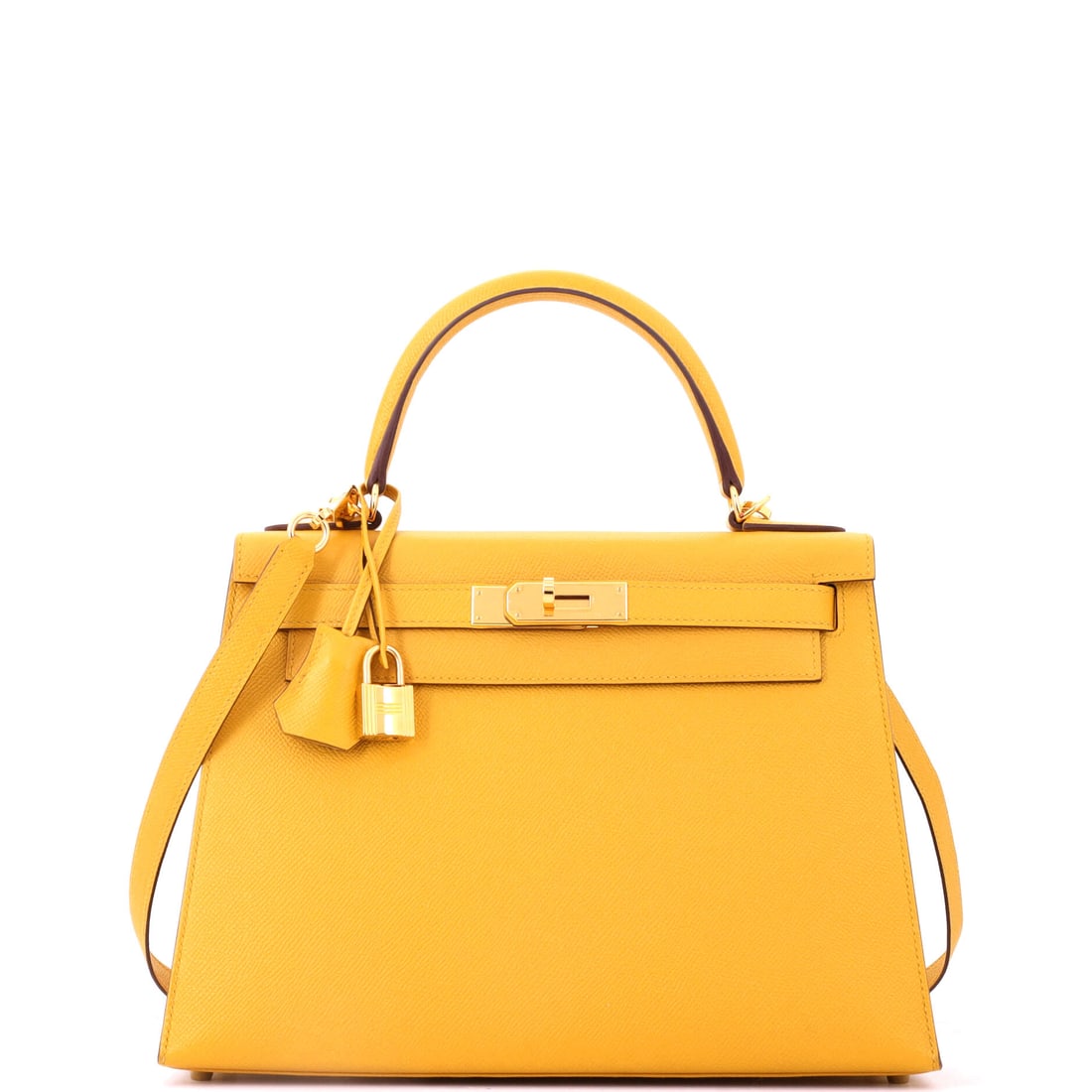 Hermes Kelly Handbag Yellow Epsom with Gold Hardware: Yellow Epsom with gold hardware is a fully committed color statement, and Epsom is the only leather that holds a yellow this cleanly over years. The 11.5 in Kelly body, 8.5 in high and 4 in deep. Grad