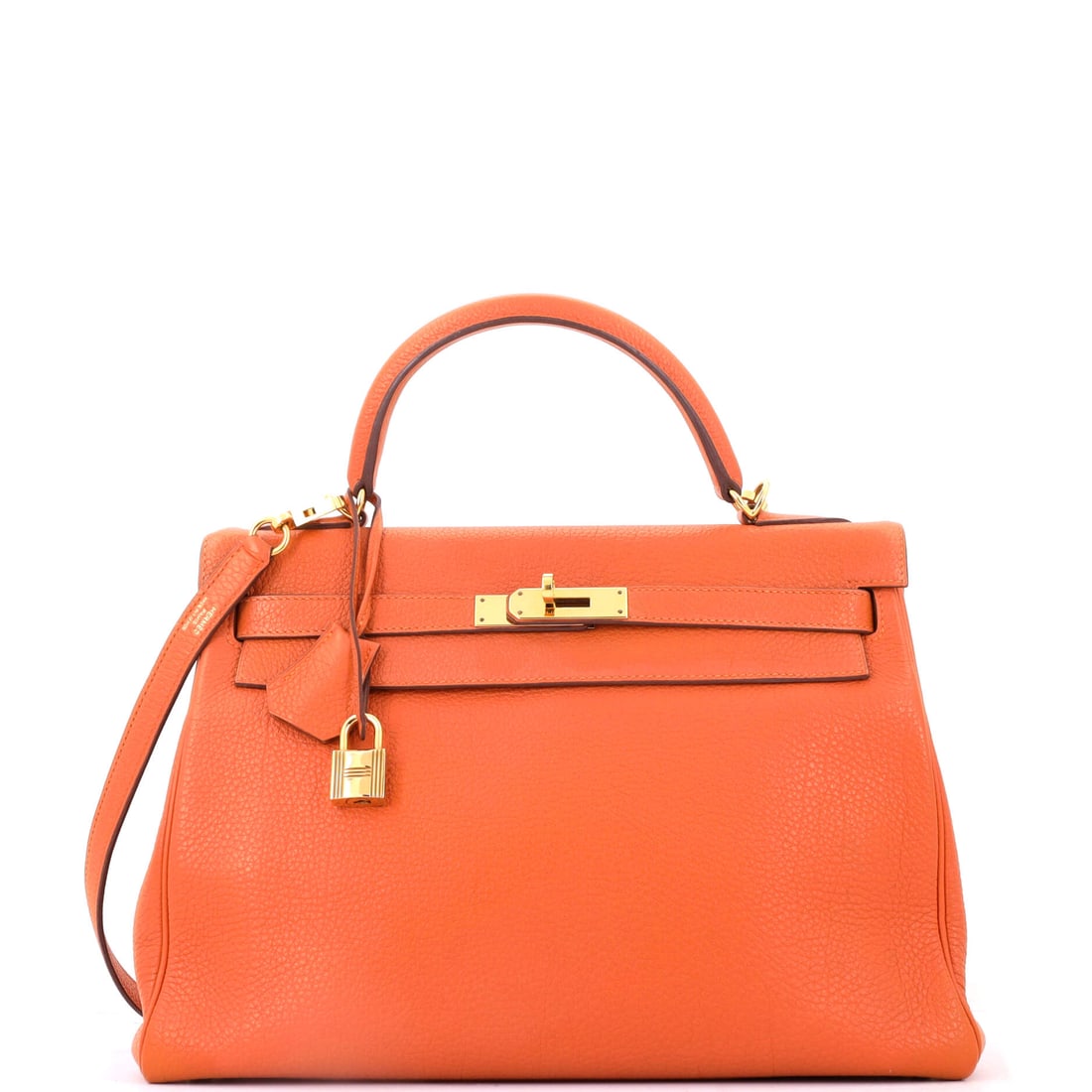 Hermes Kelly Handbag Orange Togo with Gold Hardware: Orange is the house color, and on Togo it comes out saturated without turning plastic. Gold hardware is the correct pairing and the one Hermes uses most. This Kelly runs 12.5 in wide, 9 in high and 4.