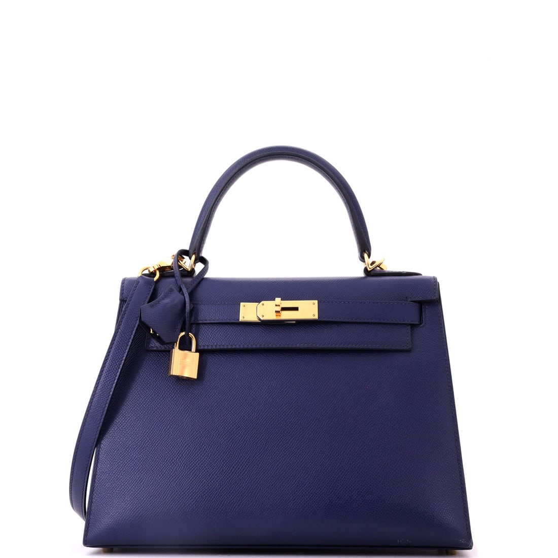 Hermes Kelly Handbag Blue Epsom with Gold Hardware: Blue Epsom with gold hardware sets a cool color against warm plating, which is the contrast that keeps this Kelly from reading one-note. Eleven and a half inches wide, 8.5 high, 4 deep. Grade C - Very