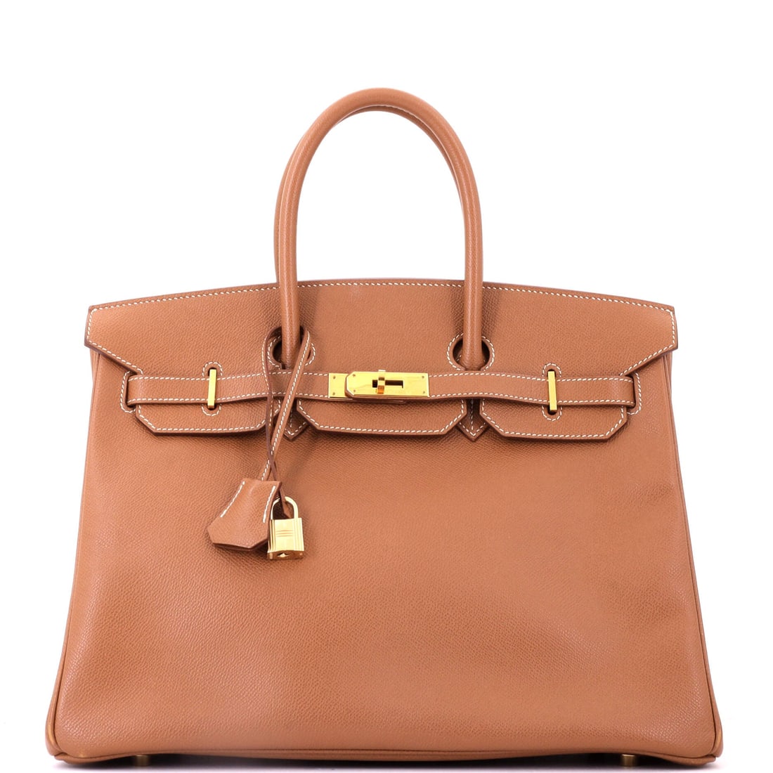 Hermes Birkin Handbag Brown Courchevel with Gold Hardware: Courchevel predates Epsom and has not been produced in years, so a Courchevel Birkin is effectively a vintage specification. Brown with gold hardware in the 13.5 in body, 10 in high and 7 in deep. Sho