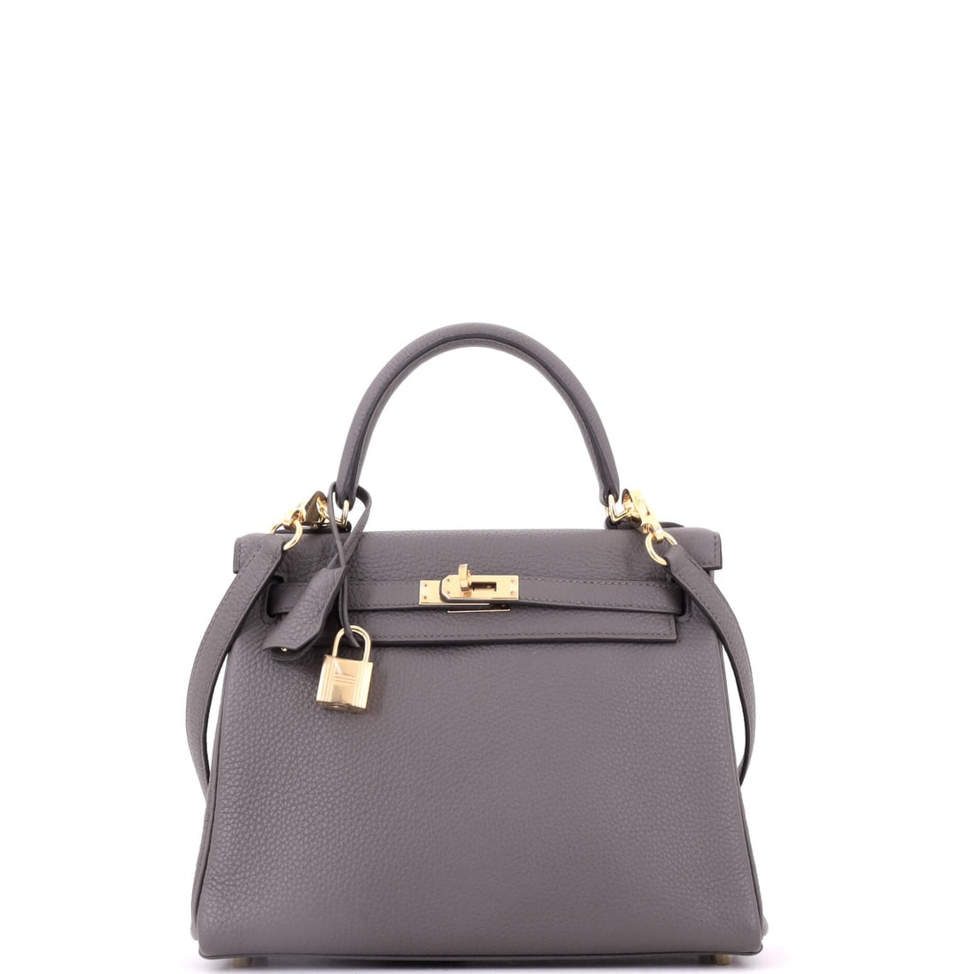 Hermes Kelly Handbag Grey Togo with Gold Hardware: The compact 9.5 in Kelly has been the hardest size to source for years. In grey Togo with gold hardware it stays neutral enough for constant use. Eight inches high, 4 deep. Grade B - Excellent. Maison