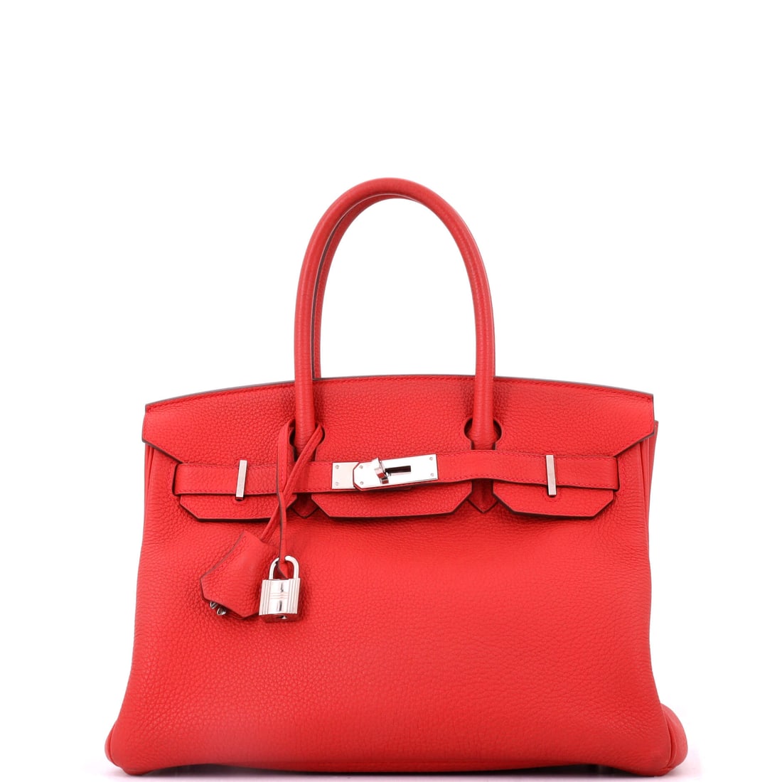 Hermes Birkin Handbag Red Togo with Palladium Hardware: Red Togo with palladium hardware sets a warm color against cool metal, which reads sharper than the gold-hardware version of the same bag. Full-size Birkin at 11.5 in wide, 9 in high, 6 in deep. Shows
